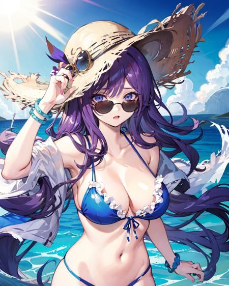 caitlyn (league of legends), swimsuit, hat, bikini, 1girl, breasts, sunglasses, purple hair, partially submerged, sun hat, jewelry, bracelet, cleavage, long hair, water, ,<lora:NetherRainLora:0.8>