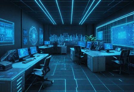 mad-cyberspace, people, (office staff):1.3, blue coloring, grid, cyberpunk, scifi, office, (masterpiece:1.2), best quality, (hyperdetailed, highest detailed:1.2), high resolution textures