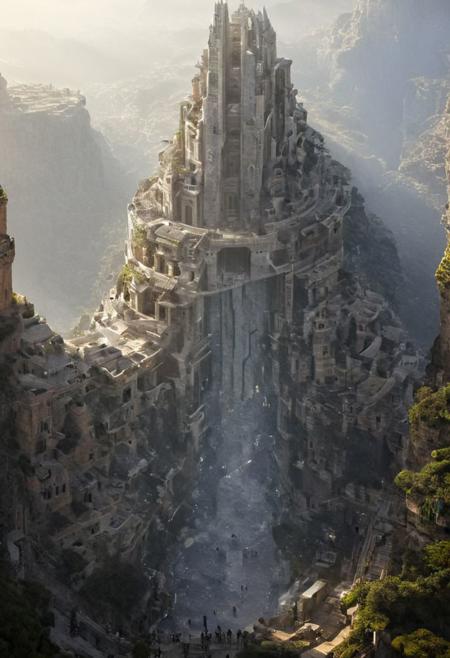 POV view , DOF,
(Ancient civilization, Alien Prometheus movie scene, dune movie scene:1.5), (The colonial city of the future, in the mist-filled Grand Canyon, on an unknown Earth-like planet, 2 moon on sky, Spaceship flight connects colonies, waterfulls:1.3), (Machu Picchu, a mountain settlement, incredibly spectacular:1.2), (Mario Botta:1.3), (avant-garde, future, reality, science fiction, photorealistic), (modern architecture:1.2), White limestone with black granite, fountain, waterfall, landmark, square, path, narrow street,
(Large Files, Ultra Realistic, 8K, 16k, FHD, HD, VFX, Perfect, Photography, composition, Architecture Sales Photography, Architecture Competition, Ultra High Resolution, Cinematography, High Resolution Image:1.1), (dramatic lighting, direct sunlight, ray tracing, clear shadow:1.2),  (real landscape:1.1), (blurred background:1.0), (urban background, more_details) ,
great lighting, clear, hillscastel, <stardeaf-cold-arc>, xtower, industrialbuilding