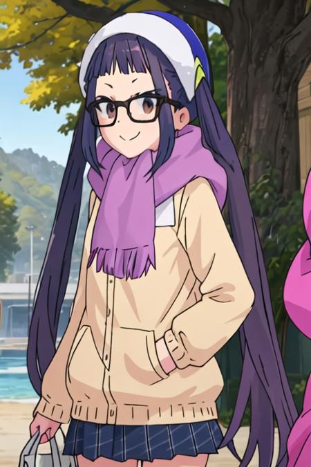 best quality, masterpiece, highres, solo, {ogaki_chiaki_yurucamp:1.15}, glasses, purple_hair, long_hair, brown_eyes, black-framed_eyewear, blue_hair, 2girls, multiple_girls, pink_hair, smile, hood, outdoors, scarf, twintails