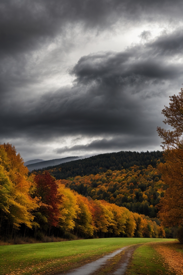 professional photo, photo of autumn landscape, dramatic lighting, gloomy, cloudy weather