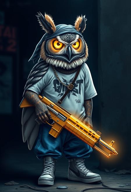 "Hyper-realistic, intricately detailed depiction of a gangster anthropomorphic owl, reppin' a bold, streetwise style. The owl rocks a doo rag, white t-shirt with a fresh graffiti design, blue baggy jeans, and high-top sneakers, exuding a confident, urban swagger. But it's the owl's arsenal that truly sets them apart - a magical golden uzi, imbued with godly powers, glows with a soft, ethereal light, illuminating the dimly lit surroundings. The owl's glowing yellow eyes, like two shining suns, reflect the scene around them, as if they're windows to a deeper, mystical realm. The atmosphere is one of gritty, urban intensity, as if the owl is ready to take on the streets and unleash the uzi's divine fury. Style: hyper-realistic, highly detailed, and richly textured, with a focus on capturing the owl's tough, streetwise attitude and the magical, otherworldly glow of the golden uzi."