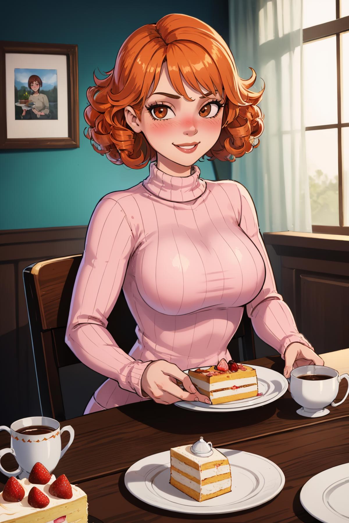 A cartoon illustration of a woman sitting at a table with a slice of cake and a cup of coffee.