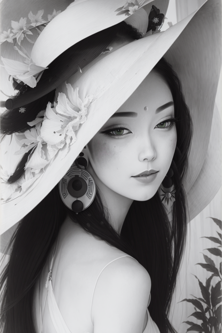 tsuruta ichiro, 1girl, solo, looking at viewer, hat, jewelry, long hair, closed mouth, green eyes, monochrome, greyscale, earrings, makeup, lipstick, portrait, spot color, sun hat, one eye covered, hat over one eye,<lora:ichirotest-06:0.95>,