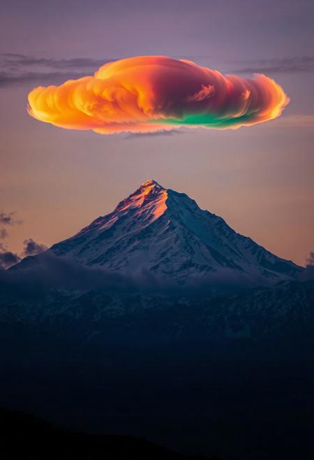 JNANX,luminous white silhouette,cyan glow,emerald highlights,flickering outline,dreamlike movement,
A breathtaking natural phenomenon unfolds in the sky, where a vibrant, fiery cloud formation, resembling an abstract, glowing entity, hovers directly above a majestic, snow-capped peak. The cloud itself, bathed in hues of orange and red from the setting or rising sun, possesses an ethereal, almost otherworldly luminescence, standing out dramatically against the darker, more subdued tones of the surrounding sky. Its distinctive, elongated shape, with intricate swirls and glowing edges, suggests a unique atmospheric occurrence, possibly a lenticular cloud catching the last rays of sunlight. Below, the grand mountain, its upper slopes covered in pristine white snow, dominates the landscape, its massive form providing a stark, grounding contrast to the fiery spectacle above. The lower parts of the mountain blend into a darker, silhouetted foreground, suggesting a distant landscape with hints of vegetation. The overall scene evokes a sense of wonder and awe, capturing a rare moment of natural beauty where light, clouds, and a towering landform converge in a stunning display.