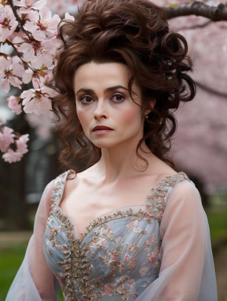 (realistic, professional photo:1.1), HBCarter, detailed hair, detailed eyes, pretty face, elaborate dress, outside, cherry blossoms, Zen, <lora:HBC-SDXL-RS:1>