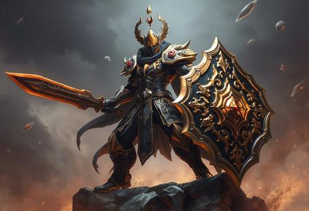 "Create a high-definition, 4K digital illustration of a Mechquipped Djinn Angeneral standing proudly on a Diamond-Dust Cyclone. The Angeneral, donning intricately detailed black and gold armor, wields a large sword and shield adorned with red and gold accents. The Angeneral's helmet, also black with a gold visor, exudes a sense of power and strength. The Diamond-Dust Cyclone serves as a dramatic and fitting backdrop, tying in the colors of the Angeneral's armor and weaponry. Utilize vivid emotions, dynamic action poses, captivating lighting, and a cinematic, hyperrealistic style to bring this epic character to life. Aim for a concept art piece that captures the attention of the CGSociety and Artstation communities."