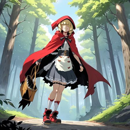 chaperomon 1girl,solo red hood,blonde hair,hair over eyes,stitches maid dress,cape animal slippers