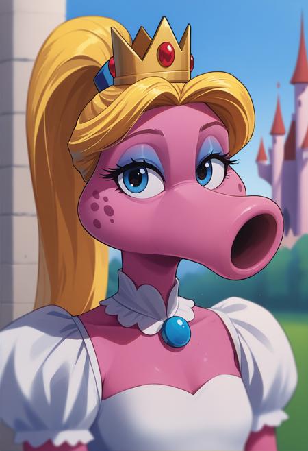 birdo furry female, hair bow, makeup, pink skin, two-tone skin, tail