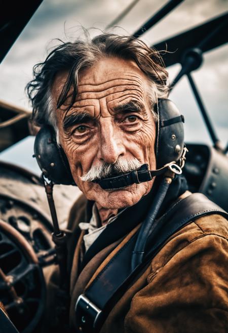 analog photo, aerial shot of an incredibly old moustached man piloting a biplane, with deep creases and wrinkles in his face, stunning ochre eyes, wild windswept long black dyed hair, cinematic, film grain