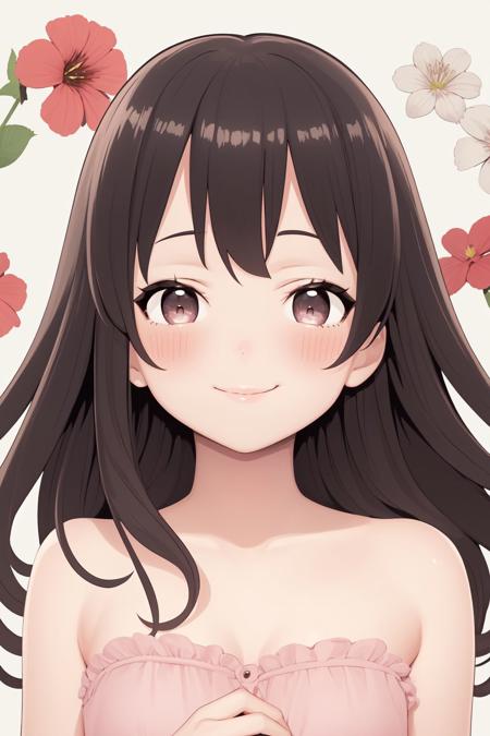 portrait, solo, 1girl, looking at viewer, smile, blush, flat chest, night, Sweet_William \(flower\), floral background <lora:haruno_shuu_style_v01:1>