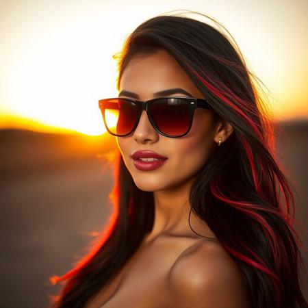 woman portrait,20yo, mulatto latino appearance, sport sunglasses, black and red long hair style, background blurred, sunset in the background, sunny day