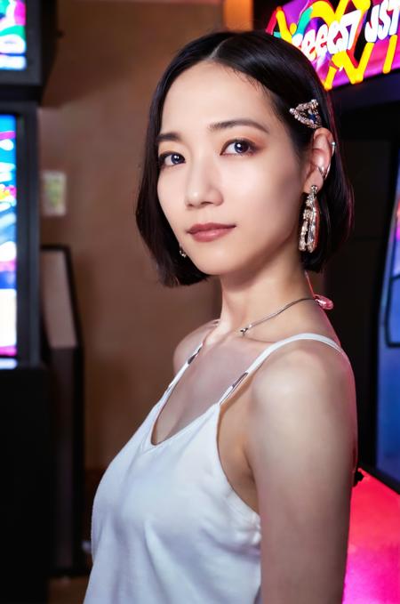 (sidelighting, photorealistic, finely detailed beautiful eyes: 1.2), portrait, realistic, 3d face, lustrous skin, (masterpiece, best quality, beautiful quality, looking at viewer, detailed lighting, shadows, 8k:1.4), (a picture of a woman, solo, upper body, detailed background, arcade cabinet:1.4), <lora:Ayano Omoto:0.8>, Ayano Omoto,