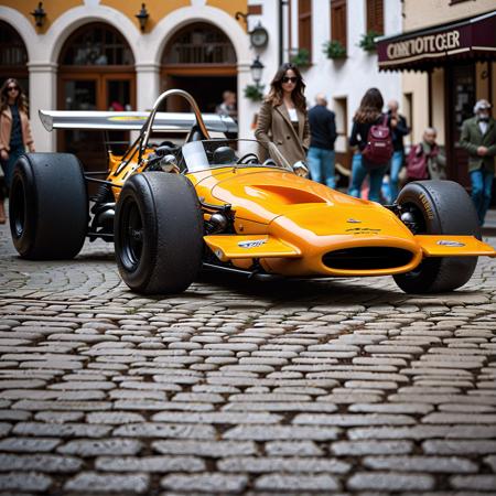 front view photo of a mclaren parked on the pavement of an historic town square, 70s, with multiple beautifull girls in the background, (photorealistic:1.2), cinematic lighting, detailed, 4k, 8k, dslr, 50mm, Hasselblad X2D