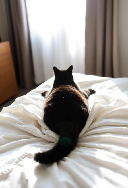 (Soft Lighting Photography by Mimoza Veliu and Mario Giacomelli:1.2), NSFW, one black cat, laying on the back on the king size bed, White blanket covers the cat's lower body, looking at viewer, the sun coming from the window.