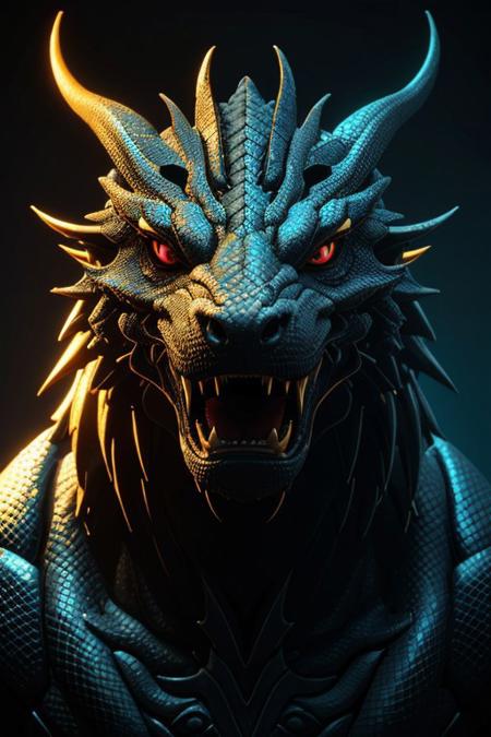 Asian dragon, gold blue snake gradient vibrant neon colour, rough, textural, broad brush strokes, red color prominent detailed, alienzkin, silhouette, spotlight, dark theme, c4d, blender, raytracing, unreal engine 5, render 3d, face close up,