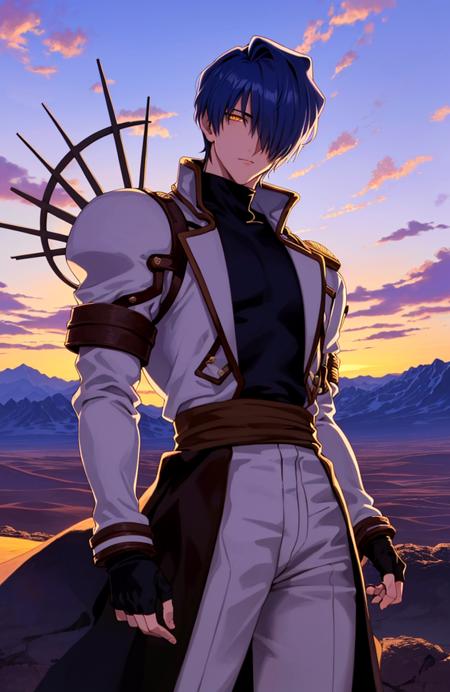 masterpiece, ultra detailed, 1boy, legato, desert landscape, sunset, detailed background, blue hair, ((hair over eye:1.3)), white coat, fingerless gloves, yellow eye, looking at viewer, <lora:legatov1:0.9>