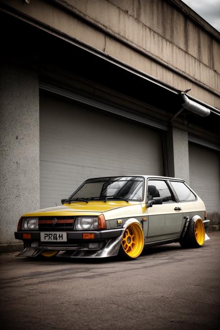 a rusty vaz 2108 car with yellow pipes on sides on lowered suspension with silver work r14 rims parked in a dark garage, silver rims, bagged, stance, custom fender, wide body kit, with (retro stripe vinyls:1.2) on its sides, speedhunters, dslr photo, 35mm photo, low contrast, muted colors <lora:vaz_2108:0.7>
