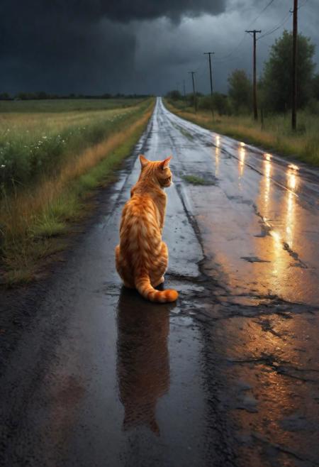 A lonely abandoned orange cat is sitting on the country road, back facing camera, (car leaving in the distance:1.1), car, rain, (thunderstorm:0.8),
(in Nicola Samori style:1.2),  (oil painting:0.1), dark theme, grim, sad, (best quality, 8K, high resolution, extreme detail, outstanding composition:1.2),