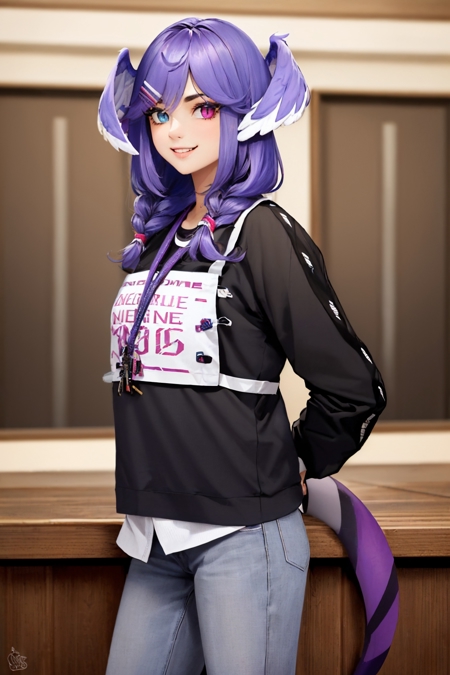 selen tatsuki fangs twin braids hairclip head wings heterochromia black sweater lanyard purple pants dragon tail