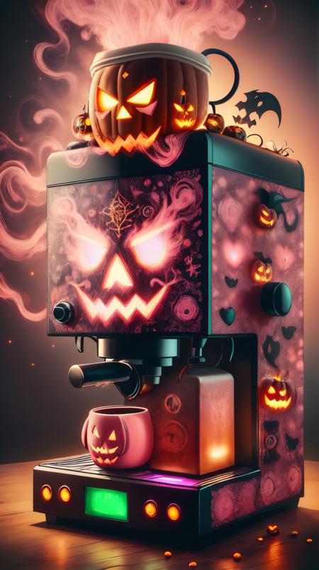 <lora:HalloweenGlowStyleColor:1> HalloweenGlowStyle  (Pink glow:1.5),  coffee machine, (Masterpiece:1.3) (best quality:1.2) (high quality:1.1)