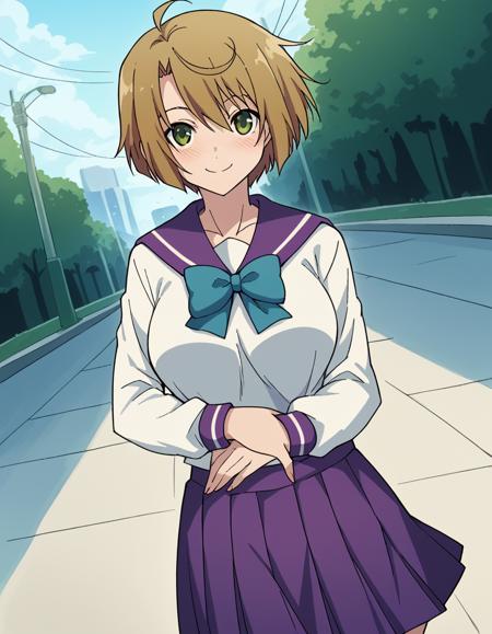 ranko saouji, short hair, brown hair, green eyes, ahoge, large breasts, school uniform, serafuku, long sleeves, bowtie, blue bowtie, skirt, purple skirt, pleated skirt, white shirt, purple sailor collar,