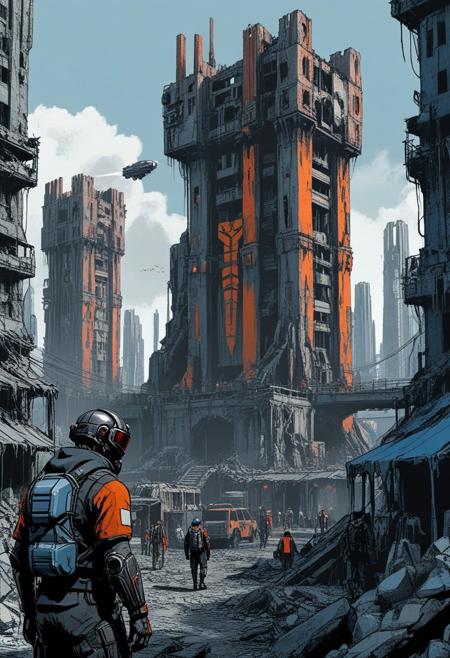 - A dystopian cityscape with towering ruins and high-tech structures
- Characters in rugged, utilitarian clothing with futuristic armor and gear
- A color scheme that uses cool blues and greys for the tech, warm oranges and reds for the human elements
- A technique that combines digital rendering with hand-drawn elements
- Themes of survival and adaptation in a harsh new world
- A palette that uses muted tones with occasional bright highlights
- A composition that leads the eye through the scene, highlighting key elements
illustration