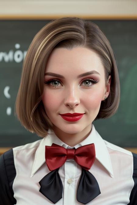 photo of a woman, laurens, ((shirt, bowtie, short hair):1.1), ((closeup, portrait)),((classroom, chalkboard)), ((red lipstick, makeup)), (smile), ((best quality, masterpiece, extreme details, high resolution):1.2),((detailed eyes, beautiful eyes, detailed face, beautiful face):1.2)