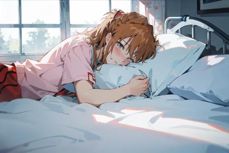 masterpiece, best quality,1girl, asuka, hospital, sad, tears, indoors, window, light sunlight, lying, bed,