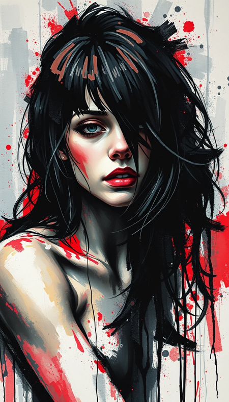 color ink and reed art, by Ashley Wood, hidden nudity of a young woman,  context backgrounds, dark colors, (dutch angle:0.2), neo abstract, explosive brush strokes, vibrant color splashes, gestural marks, emotional intensity, chaotic energy –style raw, full body