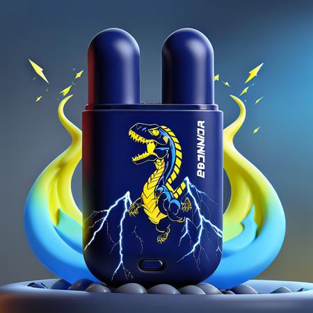 Imagine a dynamic product promotion graphic filled with energy and vitality. Centered in the frame is a sleek earphone case, reflecting light with its polished finish. Surrounding the earphone case, ethereal wisps of blue and yellow energy emanate, swirling and intertwining, representing power and vitality. Muscular silhouettes flex in the background, showcasing strength and endurance, evoking feelings of enhanced performance and stamina that the product promises. Flashes of lightning sporadically pierce through, emphasizing alertness and a mental boost. Dominantly placed on the earphone case is a detailed dinosaur logo, symbolizing ageless power and might. The background of the image is a gradient of dark blue to electric blue, highlighting the earphone case and adding depth to the overall scene, <lora:smokebox:0.8>