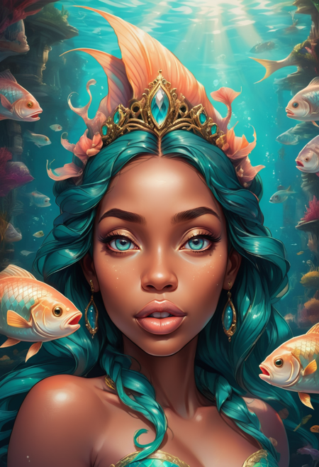 Masterpiece, high quality, stunning composition, highly rated artwork, detailed art, many details, fairytale, storybook detailed illustration, complex background. ((looking at viewer))
fish princess, face closeup, big lips, open mouth, mermaid, Intense gaze, senegalese twists, Documentary style
<lora:20250419-1745075667520:0.8>,  <lora:SDXLFaeTastic2400:0.6>