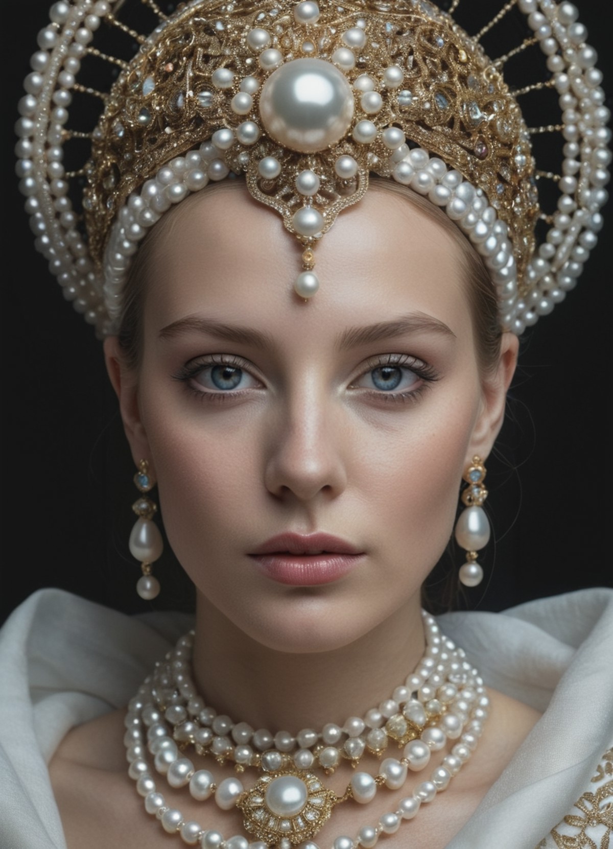 (8k, RAW photo, highest quality), hyperrealistic, insanely detailed,  with a mask on her head and a face covered in jewels...