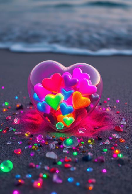 A captivating, surreal artwork by Hans Darias AI, depicting a transparent heart shaped container filled with vibrant, glowing hearts in various shades of the neon rainbow. The creature is nestled on a sandy beach adorned with neon multicolored, sparkling neon pebbles and neon stones. The gentle waves of the ocean lap at the shoreline in the background, creating a tranquil and dreamy atmosphere.