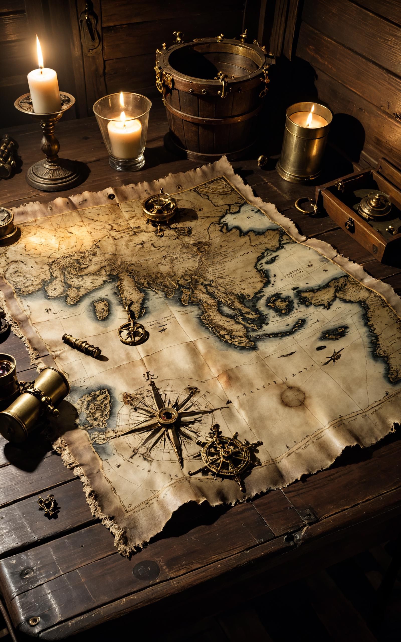 An old map with a compass on a wooden table, surrounded by various items.
