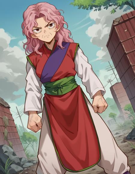 genkai, long hair, brown eyes, pink hair, wrinkled skin,  long sleeves, pants, sash, chinese clothes,