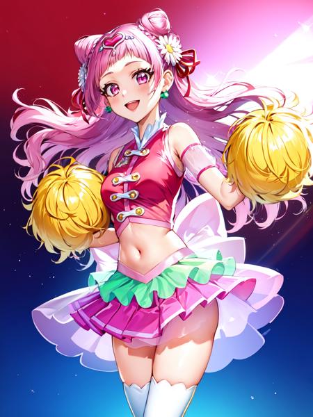 cure yell cheerleader, cone hair bun, hair ornament, shoulder cutout, navel, thighhighs, see-through skirt, clover earrings, pink shoes, wrist cuffs