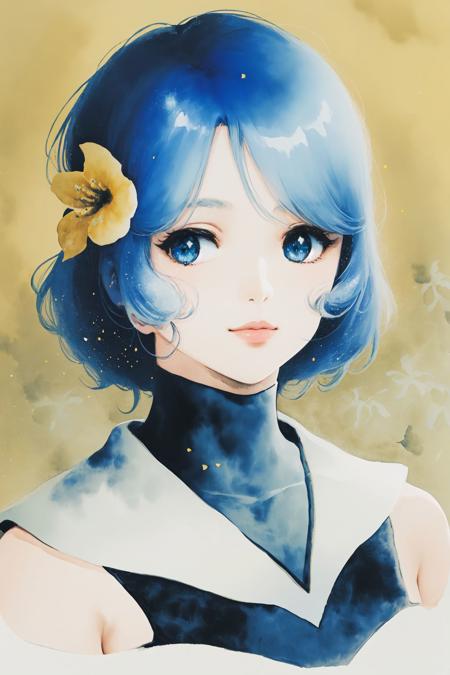 watercolor \(medium\),  portrait, solo, 1girl, blue hair, dark blue eyes, glitter particles, Tailflowers \(flower\), floral background <lora:Mikimoto_haruhiko_style_v02:1>