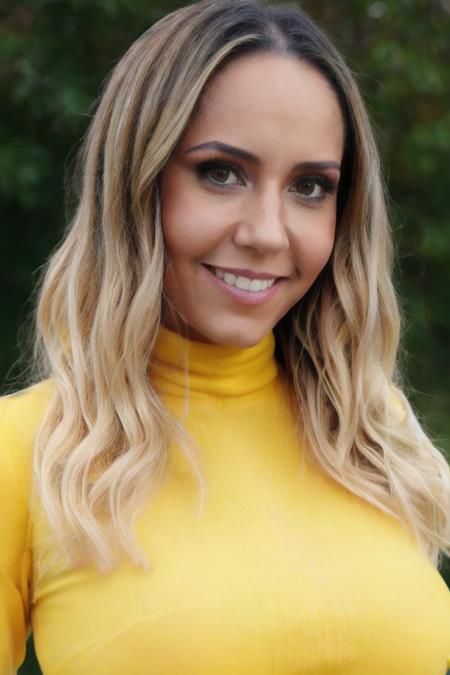 Portrait photo of r3n4t4fr1ss0n woman, detailed face, yellow turtleneck blouse, slight smile