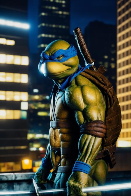 <lora:TMNTLeonardo-10:0.8>(RAW photo, real life, absurdres, high quality, photorealistic, detailed, realistic:1.3), (solo:1.3), a high resolution photo of a TMNTLeonardo, a teenage mutant ninja turtle with a blue bandana mask with eye-holes holding a sword, fight stance pose, on a city rooftop at night, city buildings and dark night sky in background, cinematic, atmospheric, 8k, realistic lighting, shot by Hassleblad H6D, Zeiss, Kodachrome, nikon, 50mm 1.2 lens, Octane Render, ultra realistic, realistic lighting, photorealistic, photorealism, photoreal, unreal engine 5, Adobe After FX, highly detailed, intricate detail