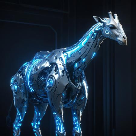a giraffe made of glossy silver and blue glow, delicate frame, cyborg, deus ex human revolution, SilverPulse, masterpiece, best quality, highly detailed, sharp focus, dynamic lighting