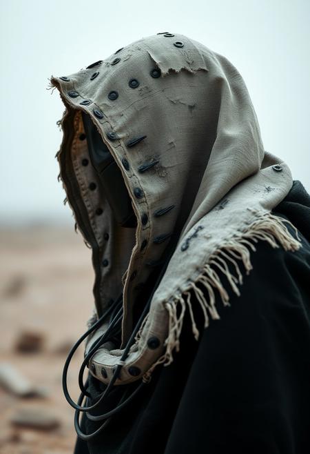 sideview, , The Shepard robot, Describe the melancholic scene of a black dirty hooded noface sci-fi-robotic cyborg draped in a muddy torn thick black bedouin linen cloak.  Its face remains concealed, and the large hooded cape over its head is made of coarse, thick, dirty, torn and worn white linen fabric. It exudes a silent presence, as the surroundings are permeated with a blend of solitude and tender moments of affection. cables, wires, very detailed, light film grain