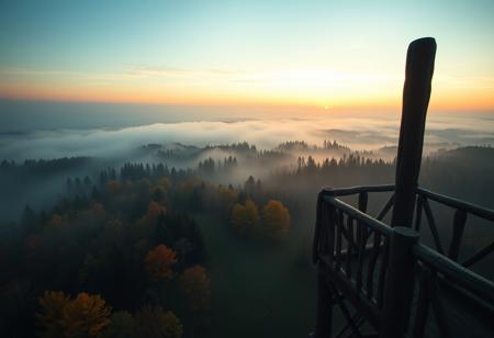 mist, a wide vista, forests and vast open grasslands, medieval, D&D, real photo, 4k, high contrast, vibrant colours, movie still, pre-dawn, rich colours, view from the top of a wooden watchtower looking out