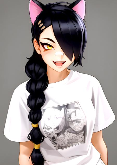 1girl, solo, long hair, looking at viewer, black hair, bandaid on face, yellow eyes, animal ears, smile, bandaid on nose, braid, cat ears, bandaid, bangs, breasts, fake animal ears, simple background, open mouth, fang, , bare shoulders, scar, teeth, shirt, bare shoulders, white shirt, short sleeves, closed mouth, t-shirt, hair over one eye, portrait, bag, hair over shoulder, shorts,<lora:kairunoborugu_v1:0.9> <lora:Kairunoburogu:0.2>  <lora:Erisafortnite-09:0.5>