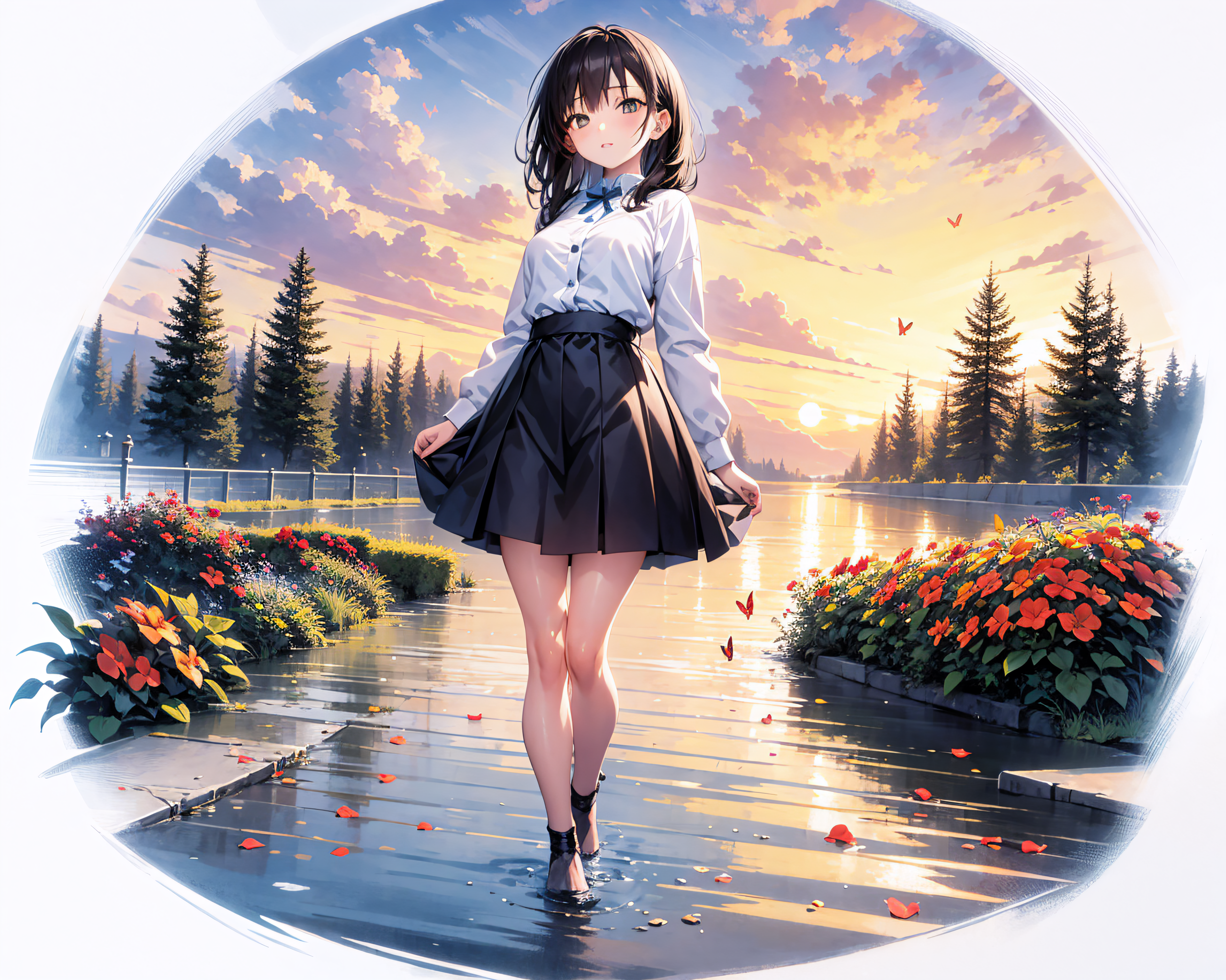 [(white background:1.5),::5]
1girl, mid shot, full body, butterflies, flowers,floating petal, peaceful water,cloud, sunset...