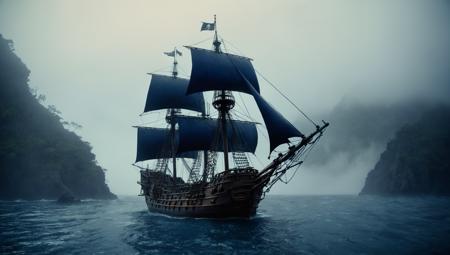 score_9, score_8, high detailed, high quality, 4k, high resolution, masterpiece, photo, haunted pirate ship, dark blue sails,  in fog, mountains in background, moody atmosphere, dramatic lighting, polaroid, Tilt-Shift, long exposure, ((mysterious, haunting), caribbean exploration, cinematic composition, ((foggy, cold)), dramatic angle)
<lora:add-detail-xl:1>