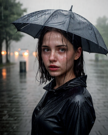 realism, realistic photo, girl in the rain, wet