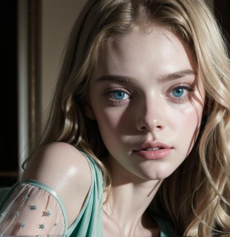 real, photoshoot, realistic, perspective, luminescent, bright colors, illusion, atmospheric scene, masterpiece, best quality, (detailed beautiful face, detail skin texture, ultra-detailed body:1.1), elle fanning, 1girl, solo, realistic, blonde hair, looking at viewer, lips, green eyes, blue eyes, pink pastel dress