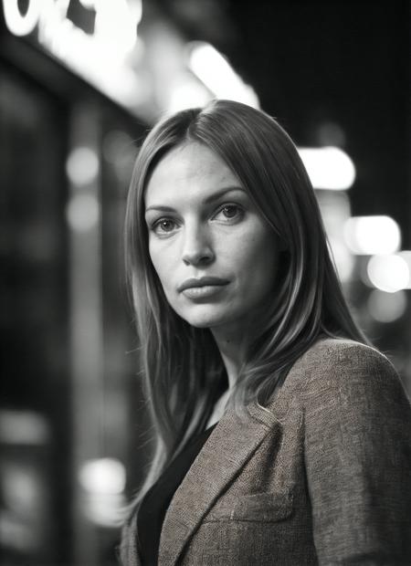 candid RAW close up portrait photo of sks woman in a (purple colored suit:1.0) on a dark street with shopping windows (at night:1.2), bokeh, Ilford Delta 3200 film, dof, high definition, detailed, intricate, flashlight, <lora:locon_jolene_v1_from_v1_64_32:1.25>