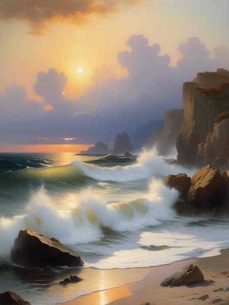 <lora:05ClassicalArt_Hap_XL:1>, William-Adolphe Bouguereau style, oil painting, seascape, sunset, ocean, rocky shore, vibrant colors, romanticism oil painting, golden light, water, horizon, waves, colorful, dramatic sky, artistic, natural beauty, coastal, serene, scenic, brushstrokes, twilight,